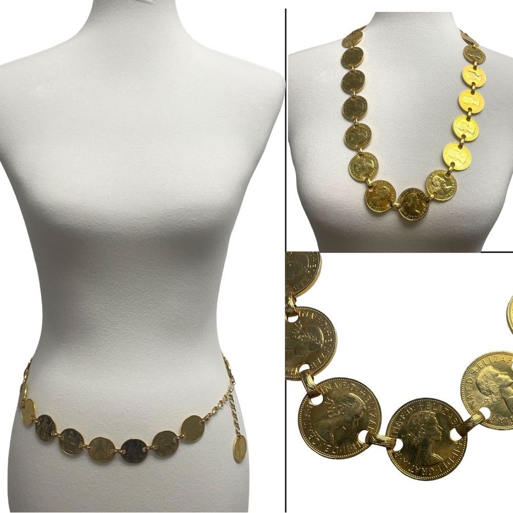 Vintage Queen Elizabeth II One Pense Gold tone 1967 Coins Chain Statement belt